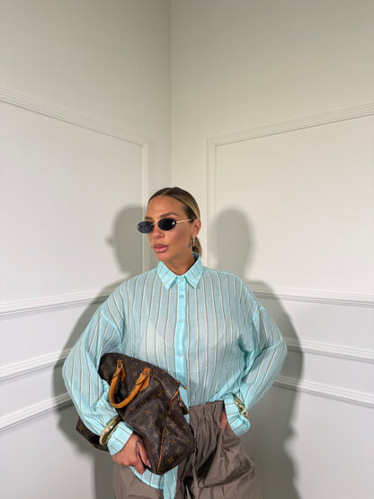 Camicia semi velata in cotone a righe Nikky turchese 19500