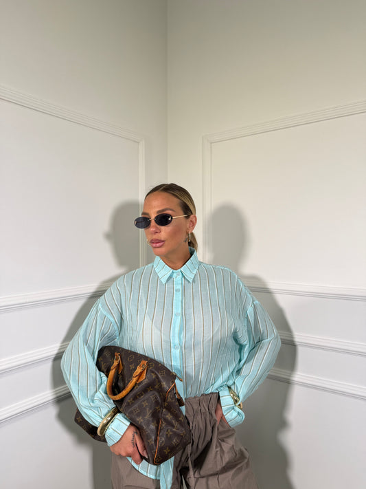 Camicia semi velata in cotone a righe Nikky turchese 19500
