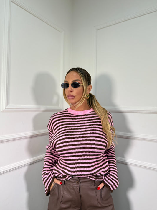 Pullover in maglia a righe manica campana rosa/cioccolato 025835