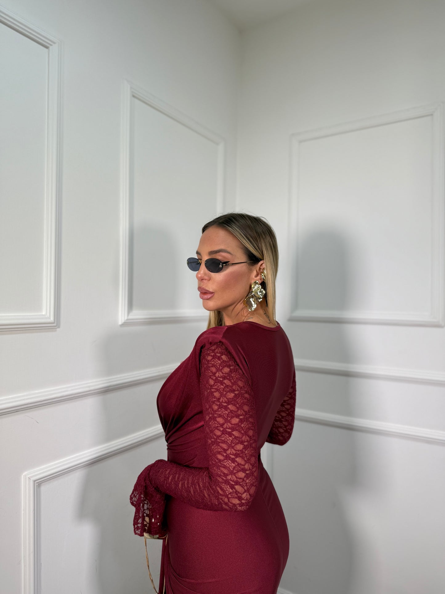 Abito midi con maniche in pizzo Sensual bordeaux 6336