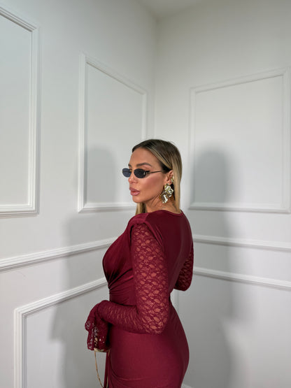 Abito midi con maniche in pizzo Sensual bordeaux 6336