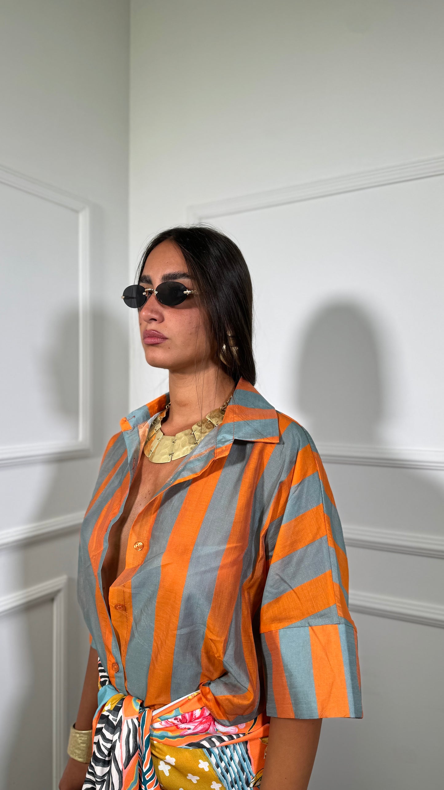 Camicia Crop semivelata a righe Panorama arancio/turchese 4099