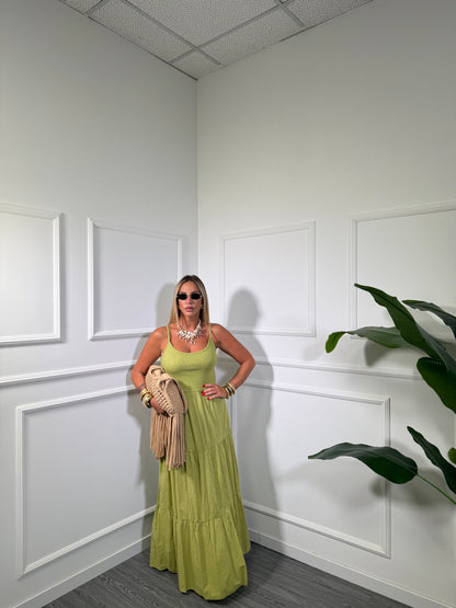 Abito midi in cotone con top a costine verde acido 26705
