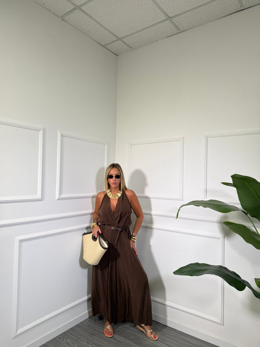 Jumpsuit palazzo 7/8 in viscosa con cintura (CURVY) cioccolato in977807