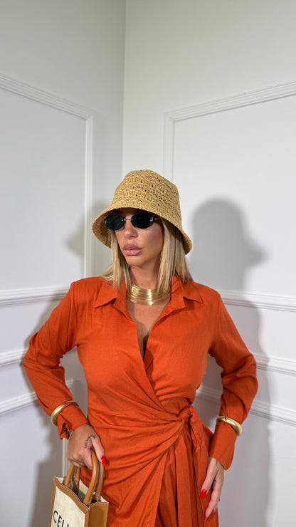 Abito portafoglio midi misti lino con spalline Daphne arancio 001586