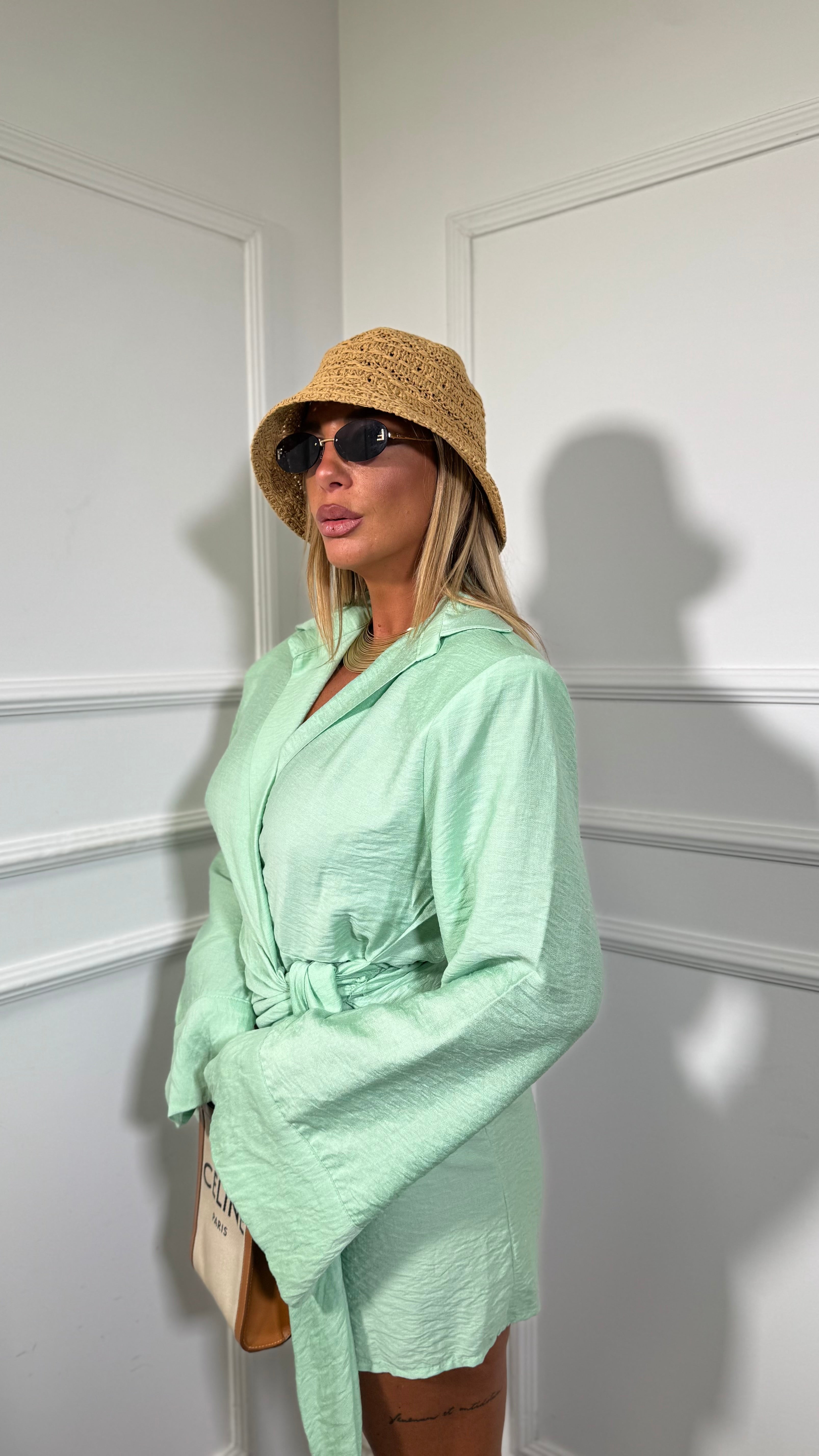 Abito corto portafoglio con spalline misto lino Tulum verde menta 7119