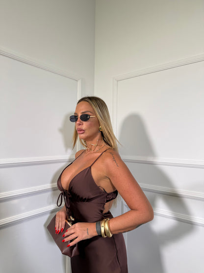 Abito lungo in satin Kimberly cioccolato 15650-11