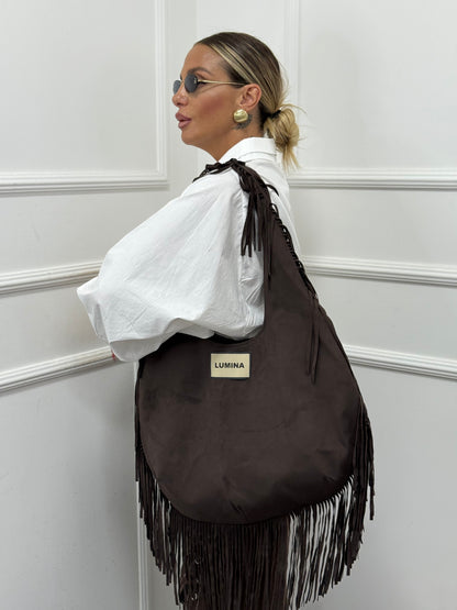 Borsa Lumina in eco camoscio con frange marrone ld3430