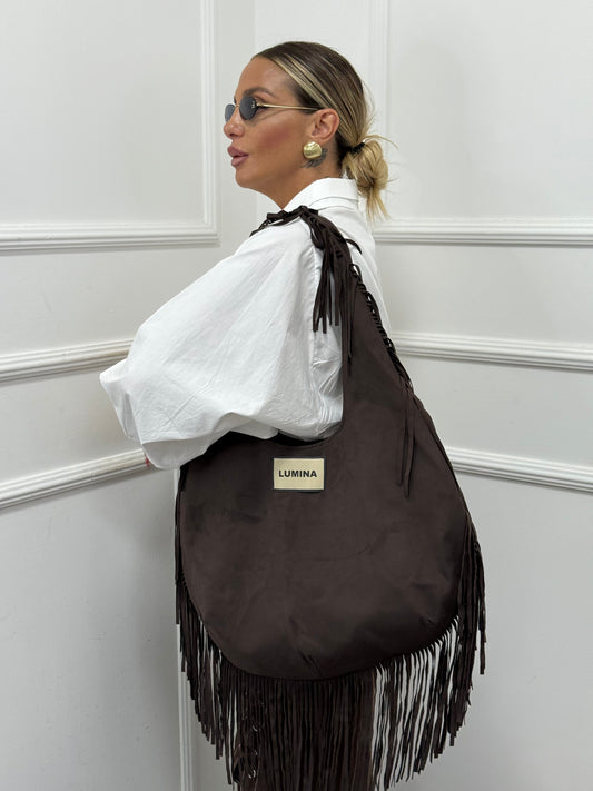 Borsa Lumina in eco camoscio con frange marrone ld3430