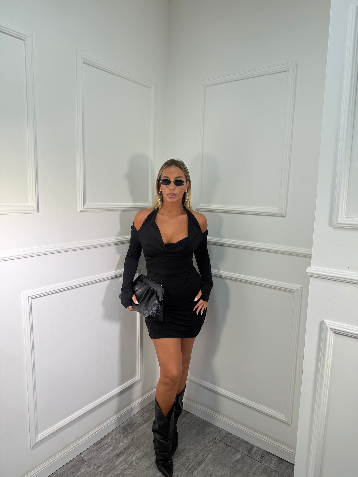 Abito scollo sciallato in lycra Ginny nero 1122