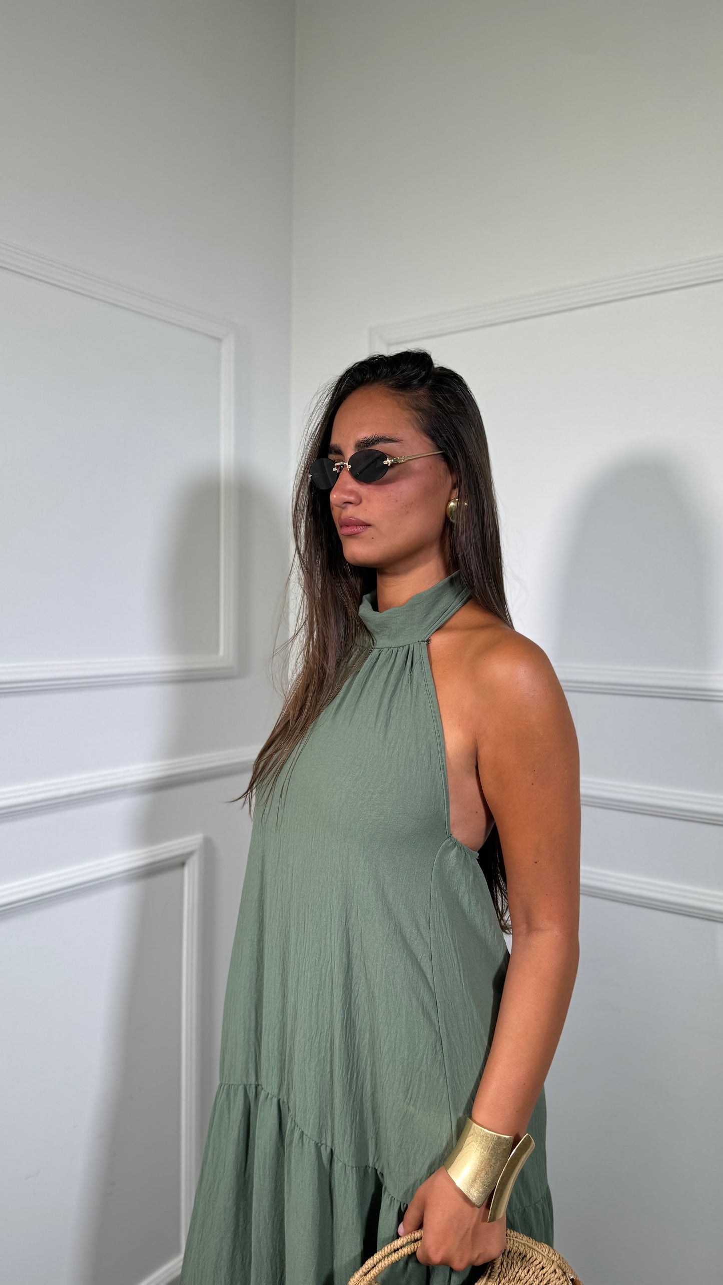 Abito midi con balze Desy verde militare