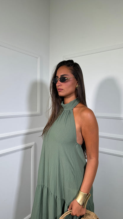 Abito midi con balze Desy verde militare