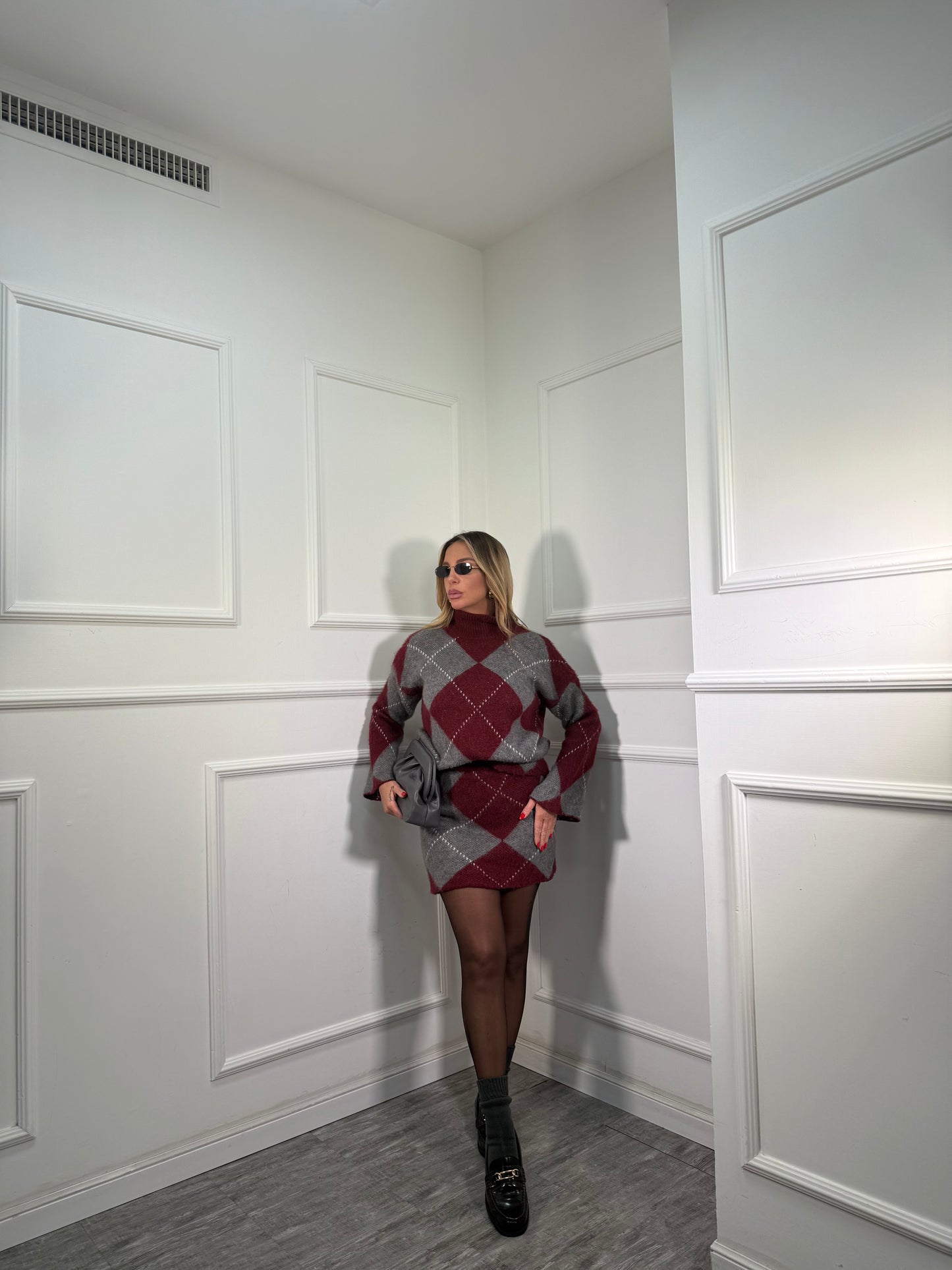 Coordinato rombi in lana cotta Joy bordeaux/grigio