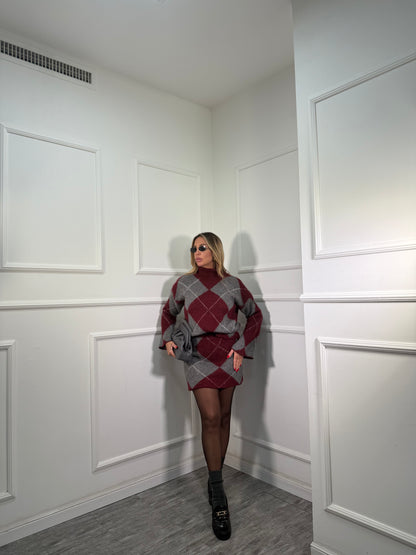 Coordinato rombi in lana cotta Joy bordeaux/grigio