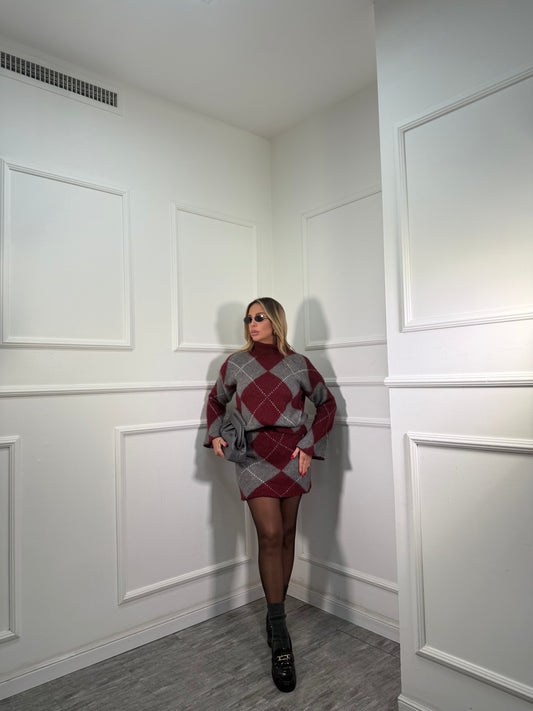 Coordinato rombi in lana cotta Joy bordeaux/grigio