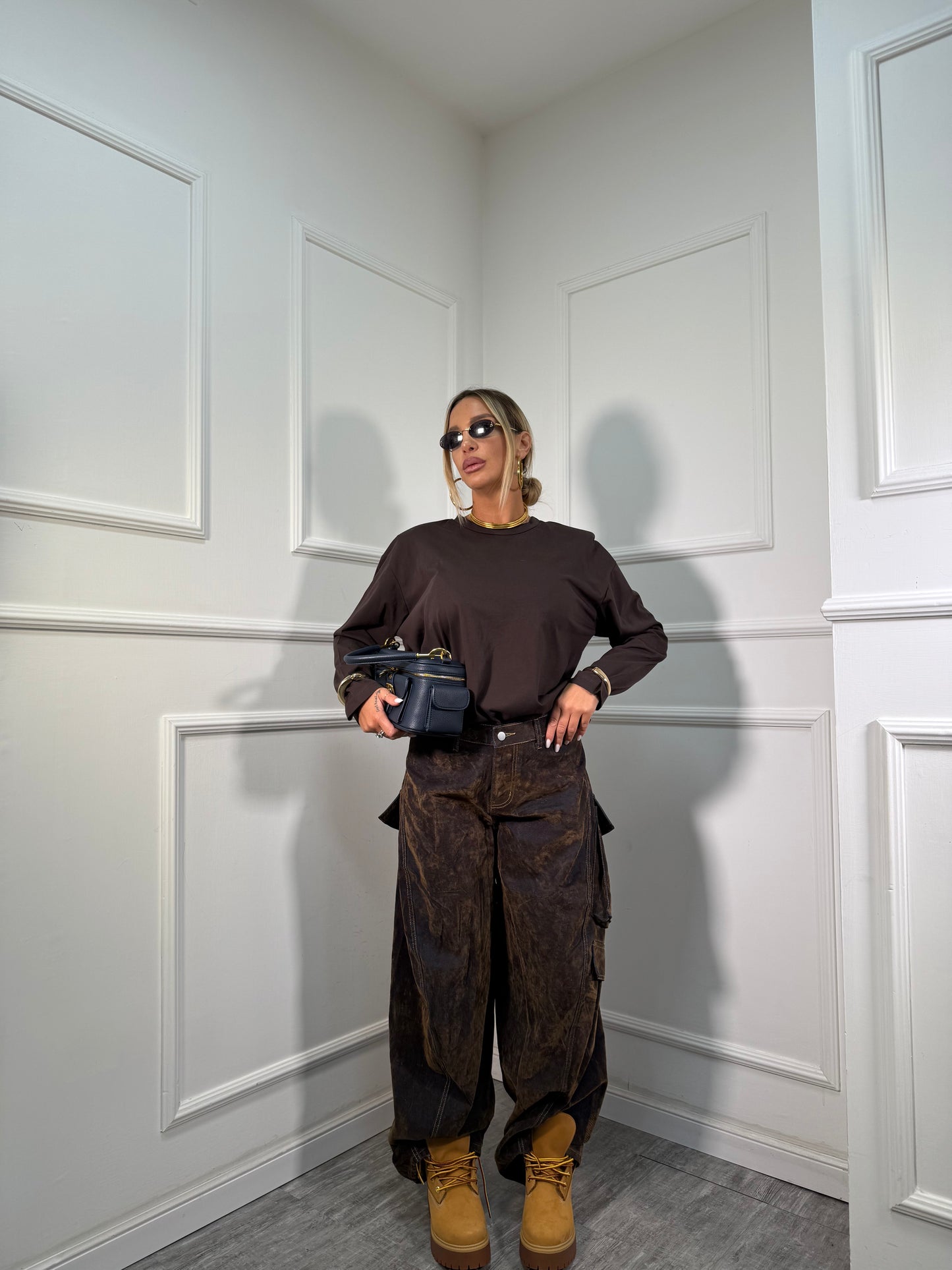 Jeans balloon denim e velluto Tonka cacao