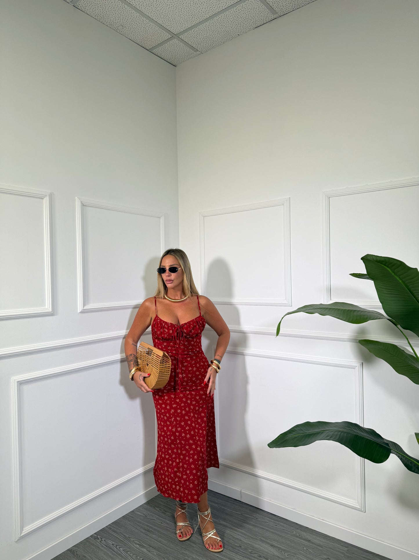Abito a fiori midi con spacco Dafne rosso17265
