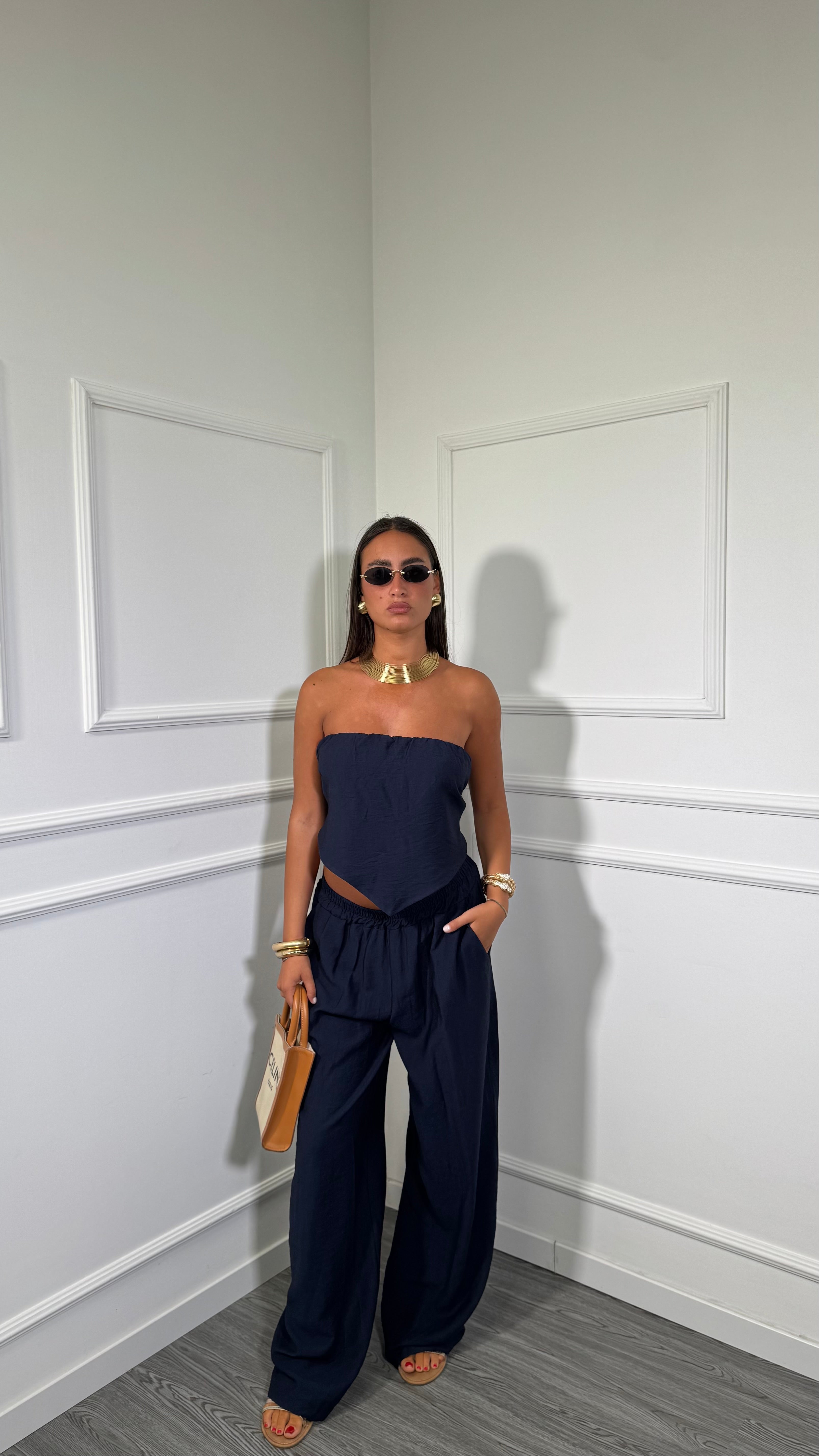 Coordinato misto lino con top foulard Braxas blu 31109
