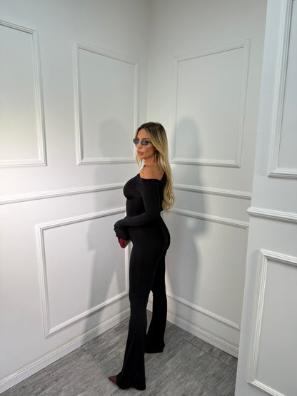 Jumpsuit in lycra scollo asimmetrico nera 14375