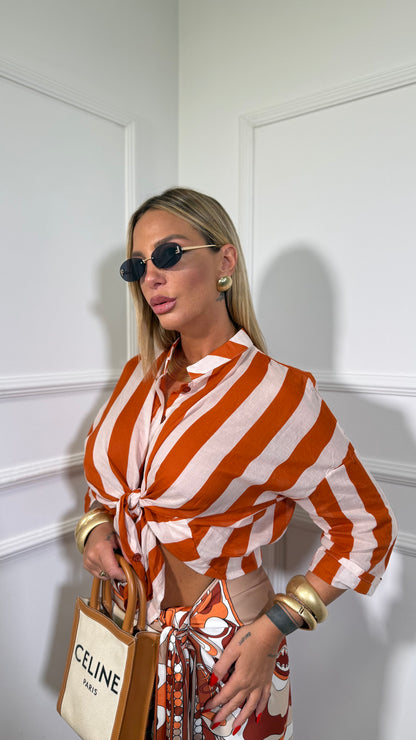 Camicia semi velata a righe larghe collo coreana arancio/panna 16033