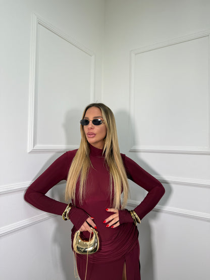 Abito midi con spacco e fusciacca Ipnose bordeaux 1830