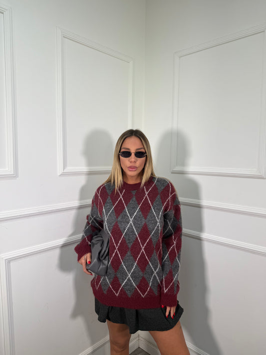 Pullover midi in lana cotta con rombi Sally bordeaux/grigio 6651