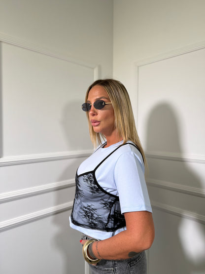 T-shirt con canotta in pizzo azzurra 66866