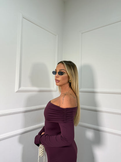 Abito midi in lycra scollo a barca Nilufar borgogna 13351