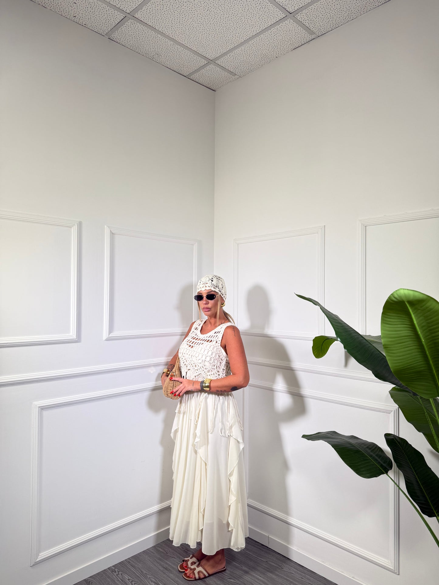 Abito midi in chiffon con macramè Gipsy avorio