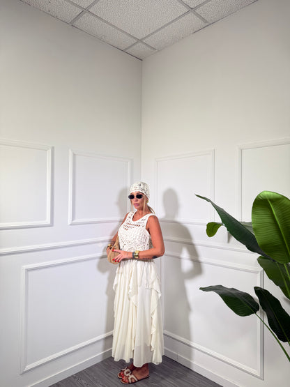 Abito midi in chiffon con macramè Gipsy avorio