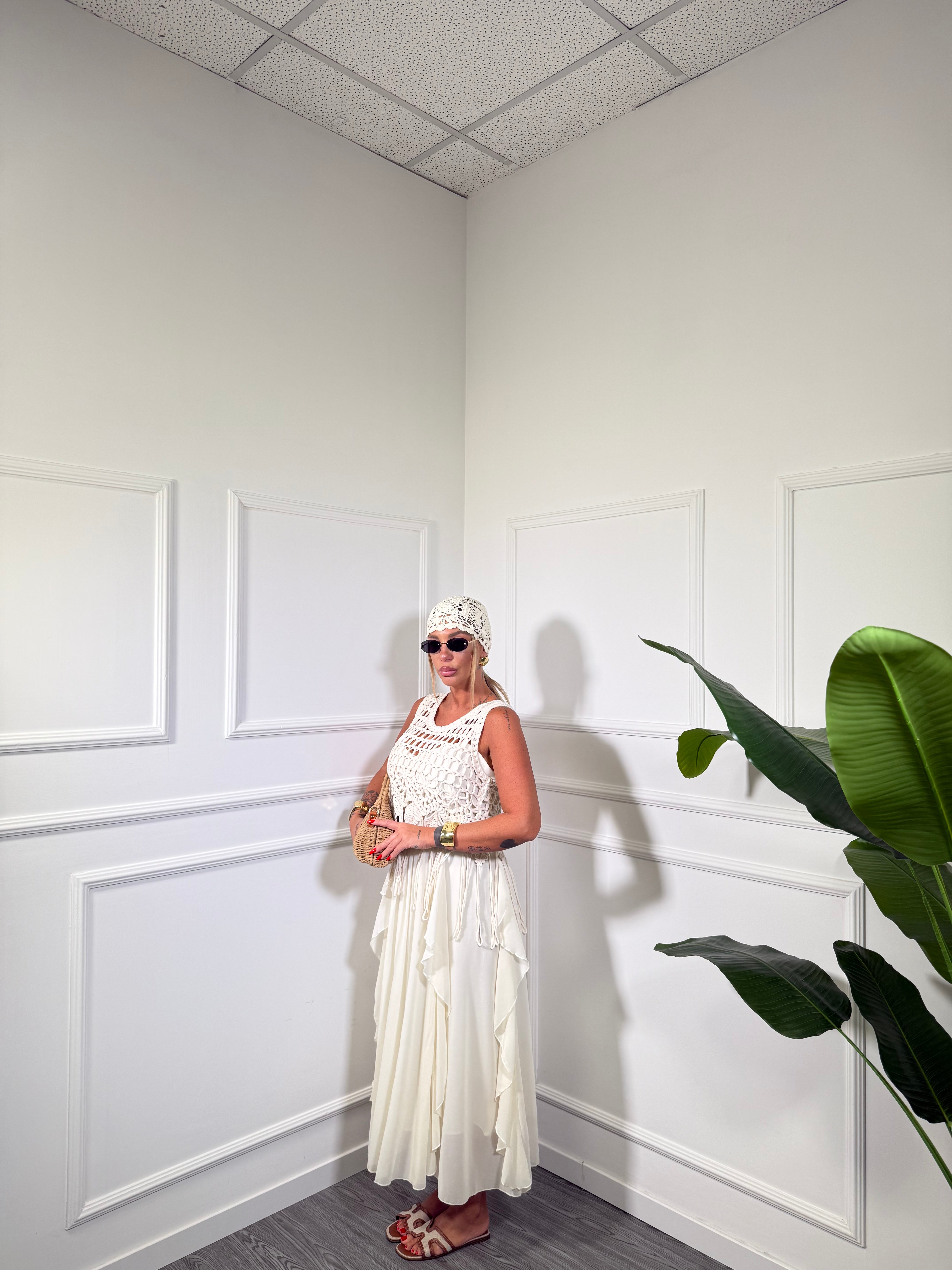 Abito midi in chiffon con macramè Gipsy avorio