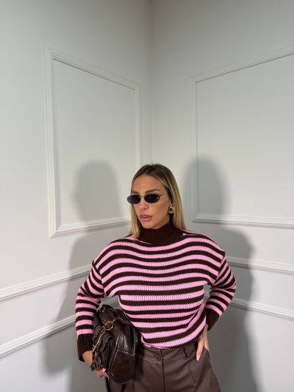 Pullover collo alto in maglia a righe rosa/cacao 025842
