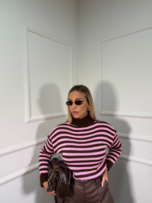 Pullover collo alto in maglia a righe rosa/cacao 025842