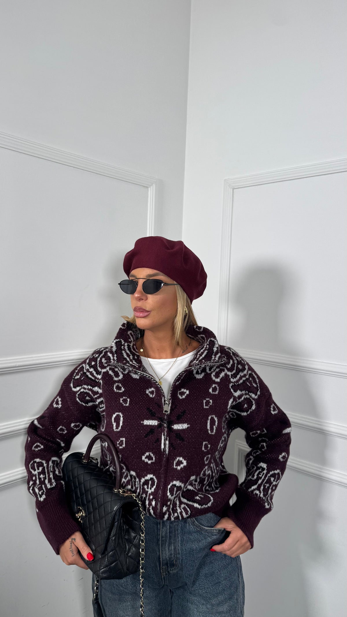 Cardigan misto lana con zip fantasia bandana borgogna