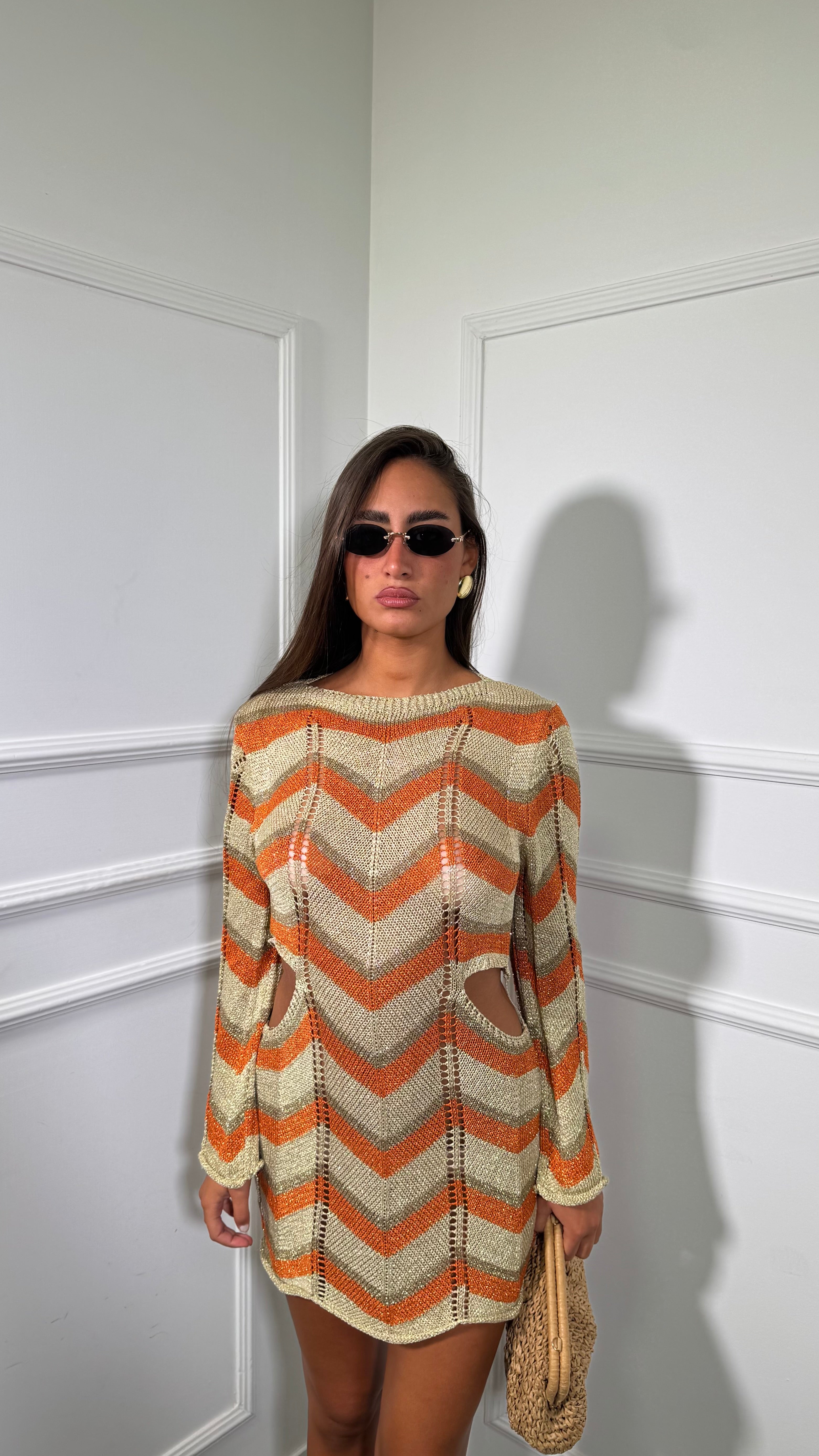 Abito corto zig zag in lurex cut out Oro/arancione 2871