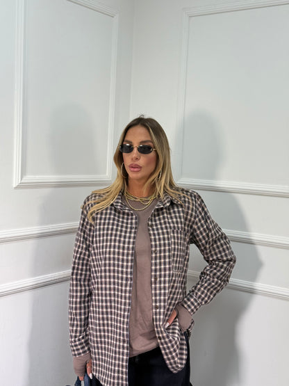 Camicia oversize in flanella con spalline Marshal cacao/azzurra 25762