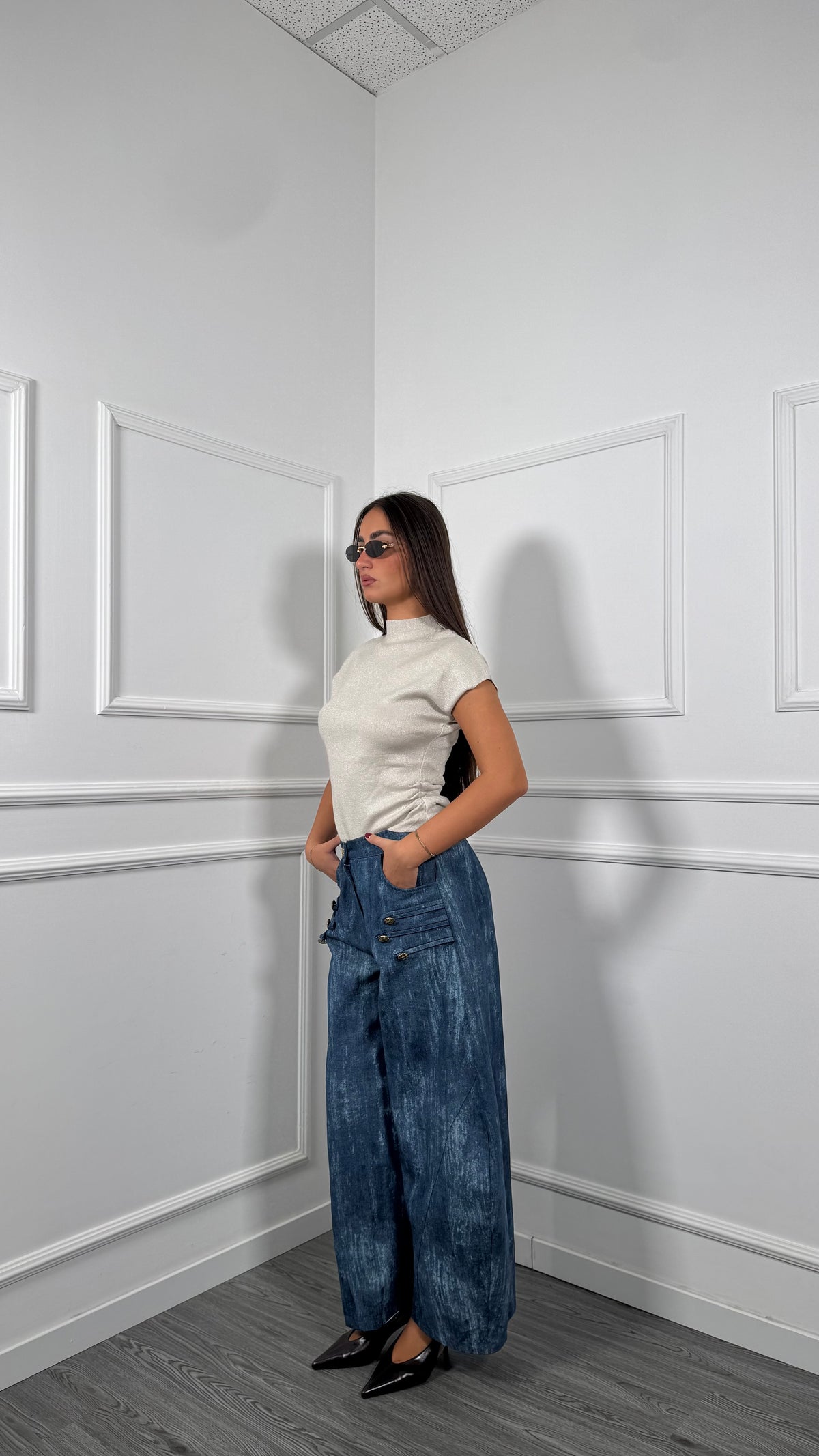 Jeans balloon effetto slavato con bottoni blue denim hp10697