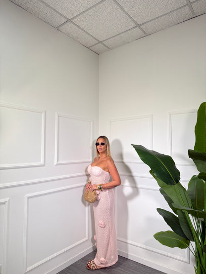 Abito midi a fascia con rose traforato  Lost Paradise rosa 50202