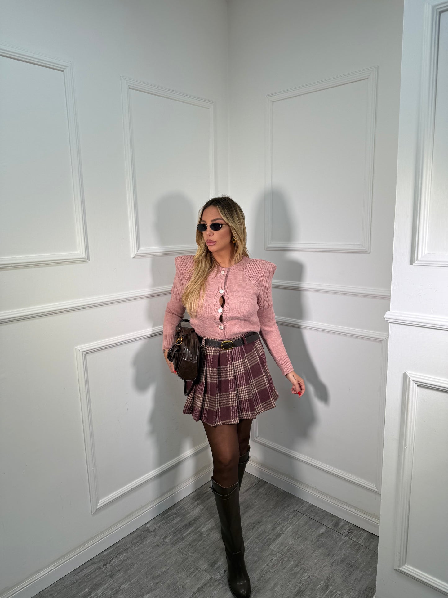 Pantagonna in flanella a pieghe con cintura bordeaux 25719