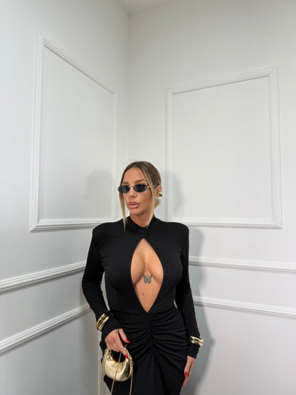 Abito lungo con spacco e scollo a goccia Paradise nero 27640