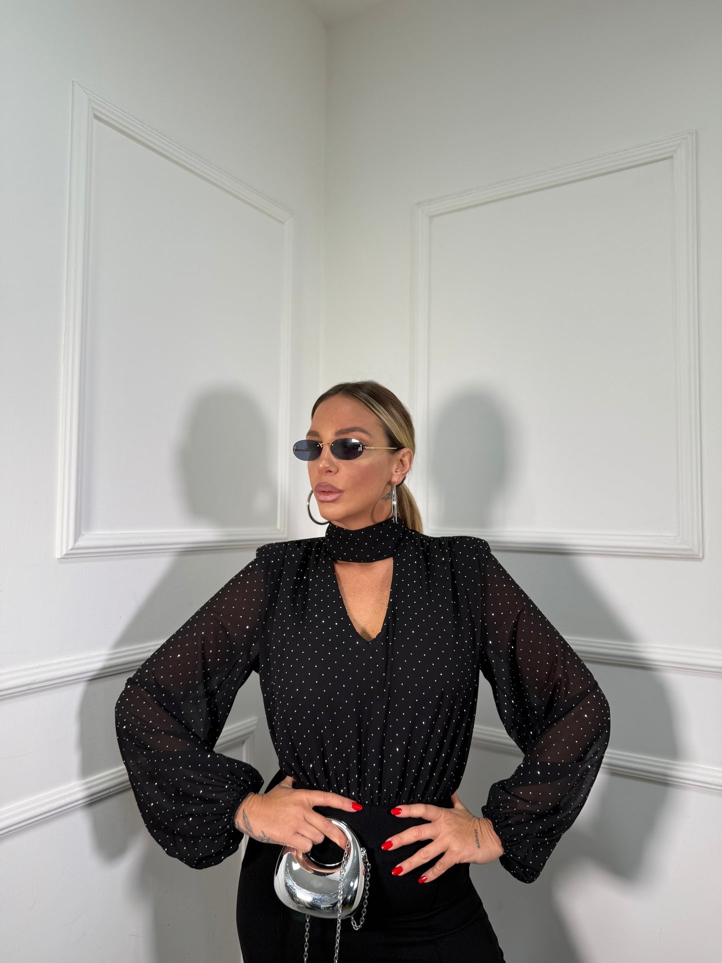 Jumpsuit a palazzo micro strass Shining nera 44561