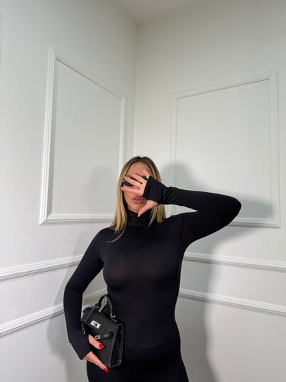 Jumpsuit collo alto in lycra manica a guanto Frida nera 14501