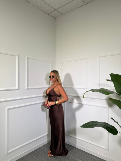 Abito lungo in satin Kimberly cioccolato 15650-11
