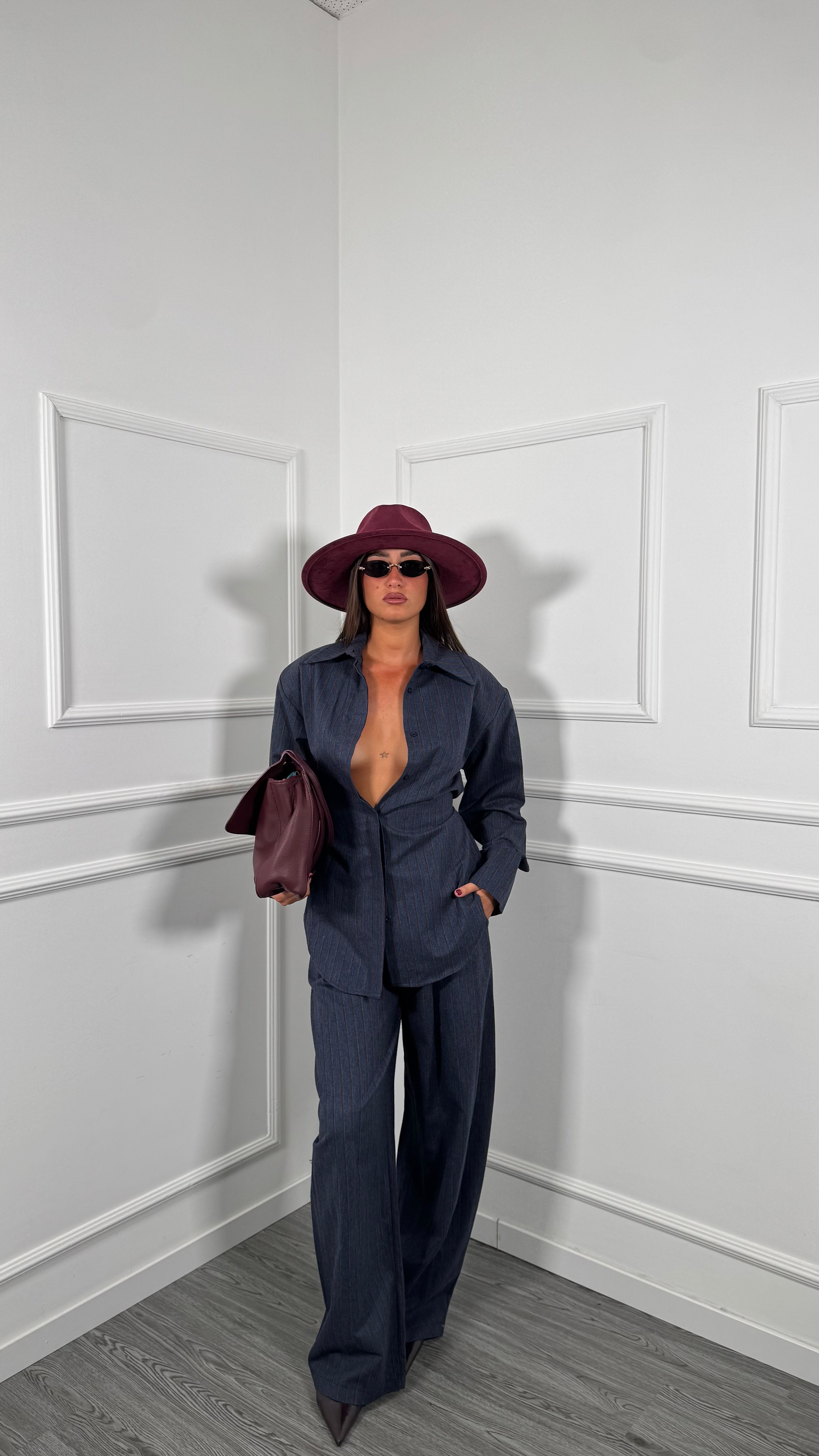Coordinato gessato con spalline in flanella by justwest Andreas lavagna/bordeaux 02708c
