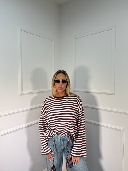 Shirt in cotone garzato manica campana Cindy cacao/rosa f1109