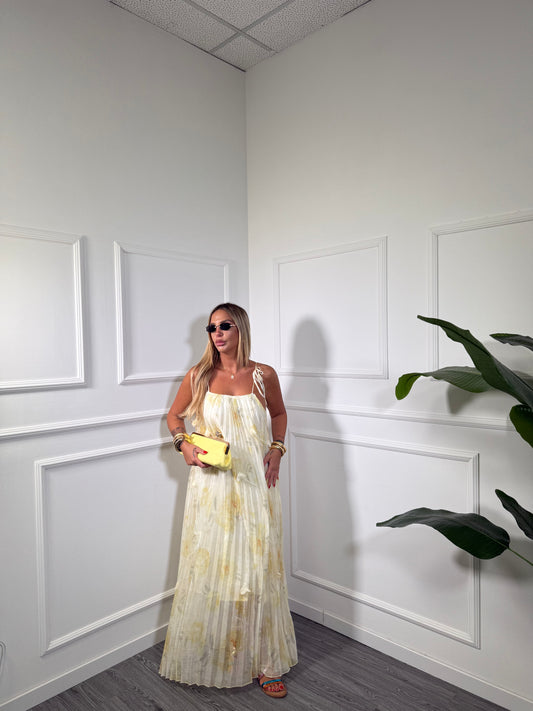 Abito plisse lungo in chiffon Cheryl giallo pastello j9465