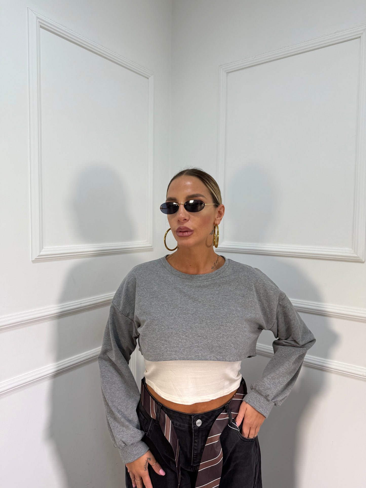Shirt crop con canotta grigio 5504