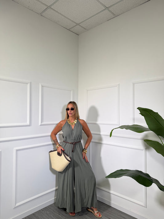 Jumpsuit palazzo 7/8 in viscosa con cintura (CURVY) verde militare in977807