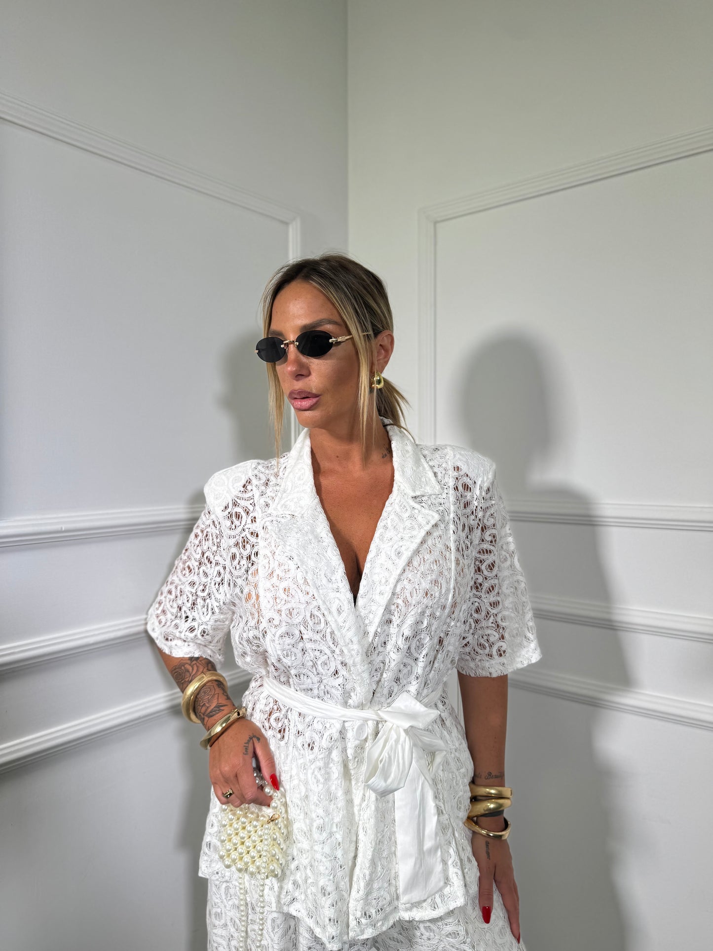 Tailleur in pizzo con micro paillettes (curvy) Antalia bianco 250677