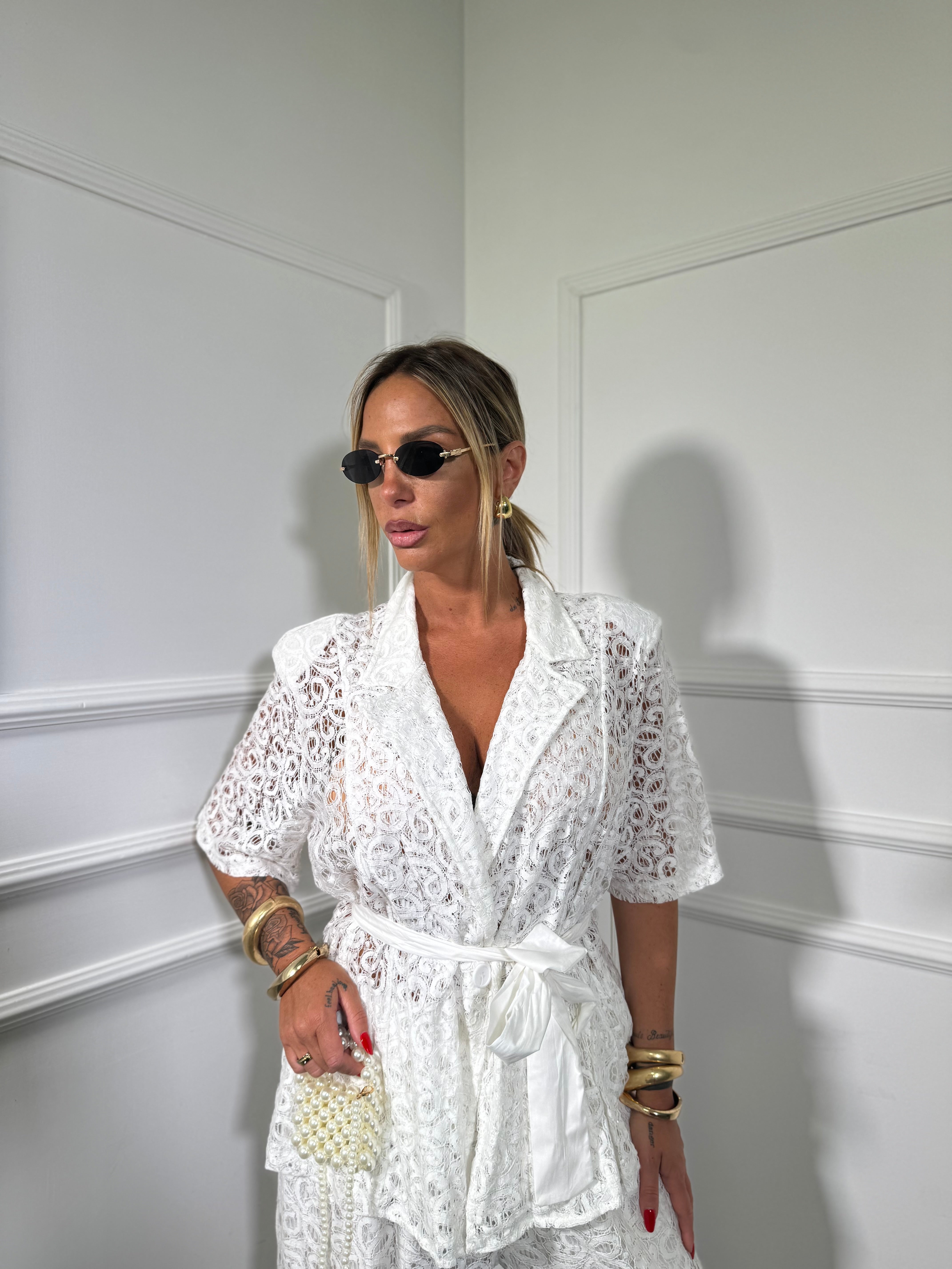 Tailleur in pizzo con micro paillettes (curvy) Antalia bianco 250677